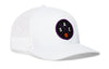 White basketball trucker hat with mesh back and purple circle logo on front, side H patch