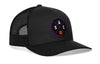 Black basketball trucker hat with mesh back and purple circle logo on front