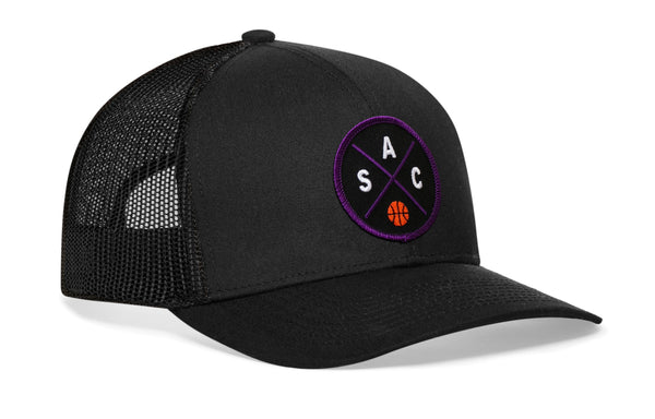 Black basketball trucker hat with mesh back and purple circle logo on front