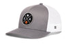 Gray trucker hat with white mesh back, front round SA logo patch, and side H logo