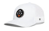 White trucker hat with mesh back, front circular SA graphic patch, and side H logo