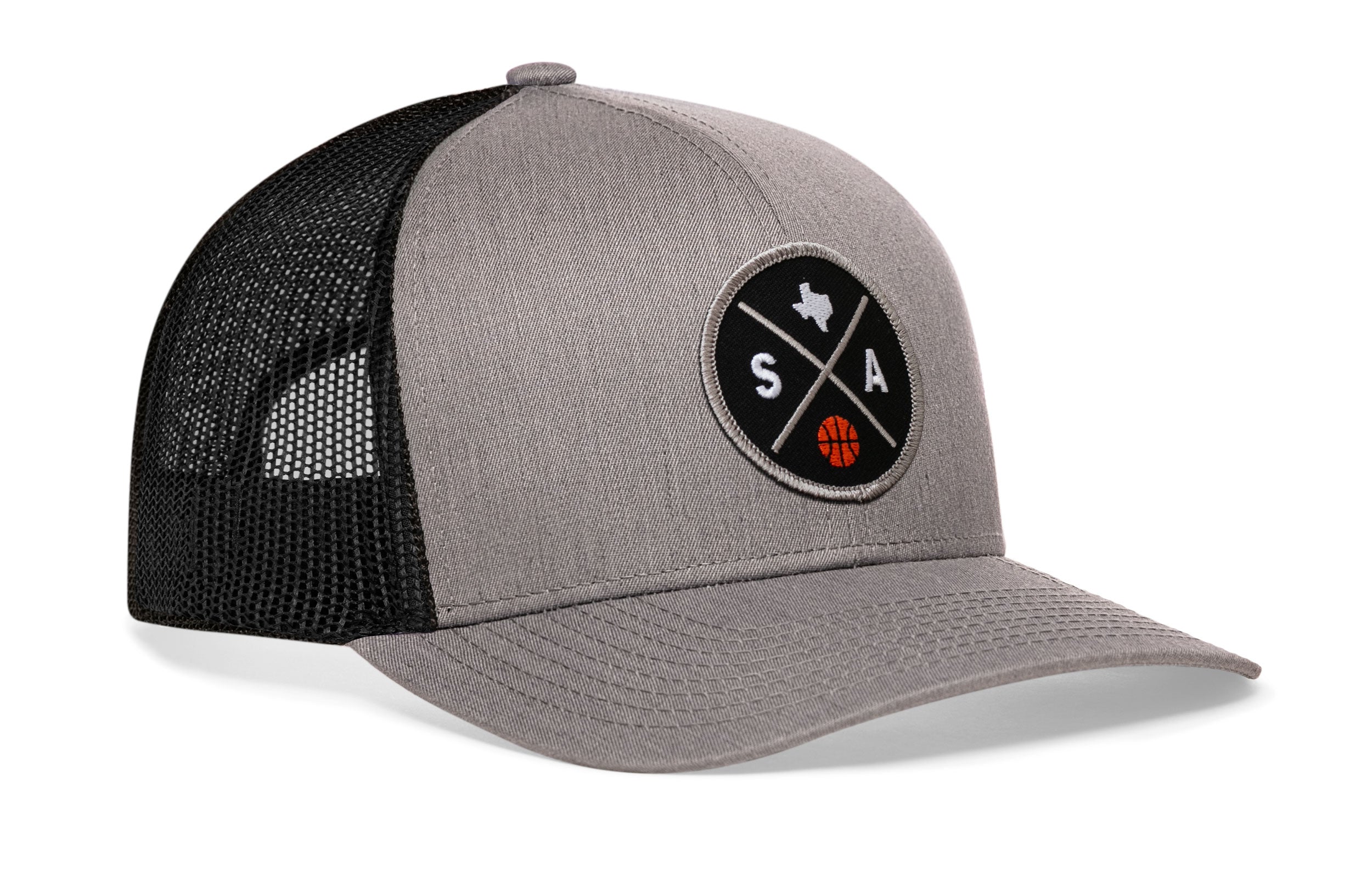 Gray trucker hat with black mesh back and round SA logo patch on the front panel