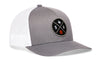 Gray trucker hat with white mesh back and round SA logo patch on the front panel