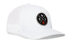 White trucker hat with mesh back and round SA logo patch on the front panel