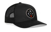 Black trucker hat with mesh back and side profile, featuring a round SA logo patch