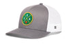 Gray-and-white trucker hat with basketball logo patch and H logo on side mesh