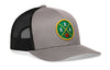 Gray trucker hat with circular basketball logo patch and black mesh side panels