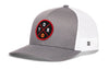 Gray front/white mesh basketball trucker hat with circular logo patch and side H logo.