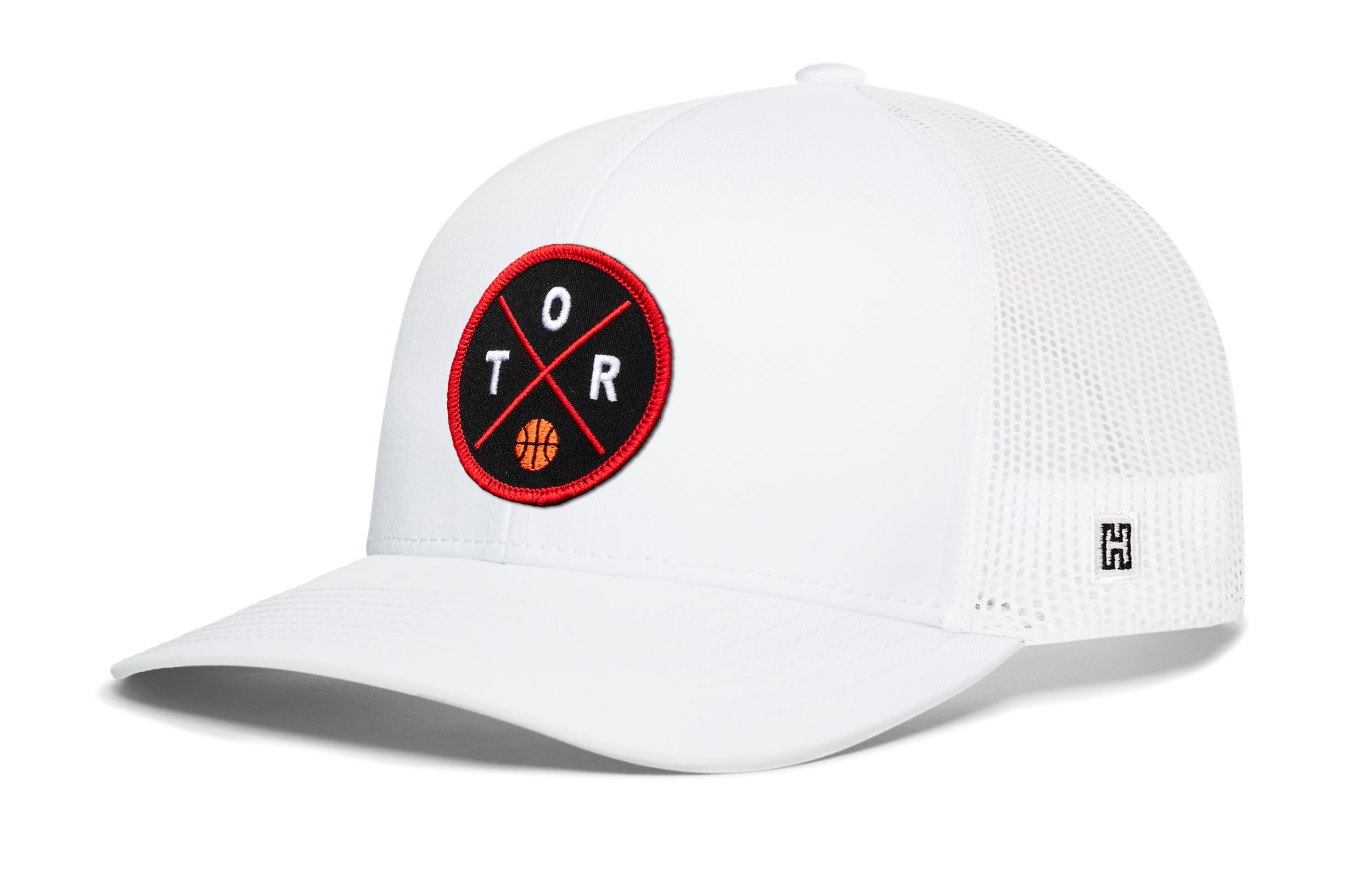 White basketball trucker hat with circular logo patch and side H logo, mesh back.
