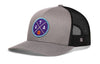 Gray trucker snapback hat with blue logo patch and black mesh back, H tag