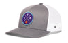 Gray trucker snapback hat with blue logo patch and white mesh back, H tag