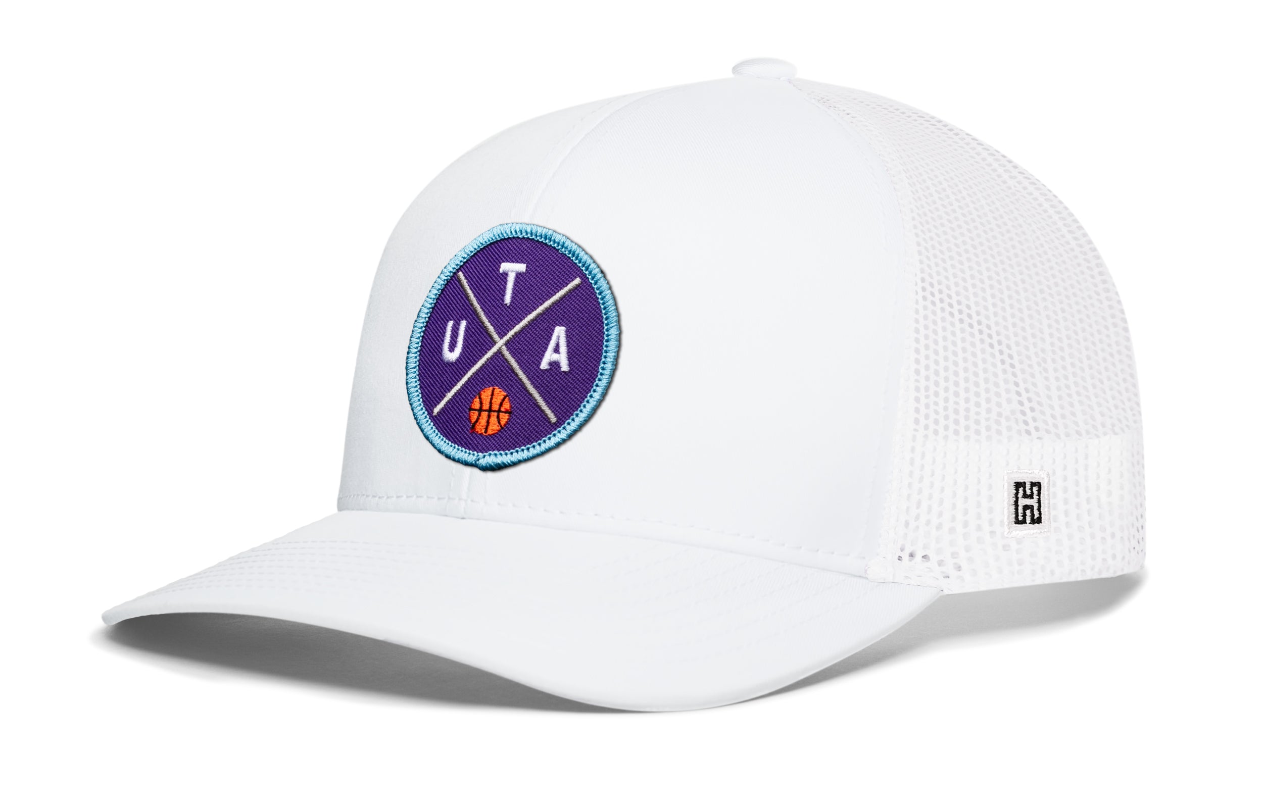 White trucker snapback hat with blue logo patch and white mesh back, H tag