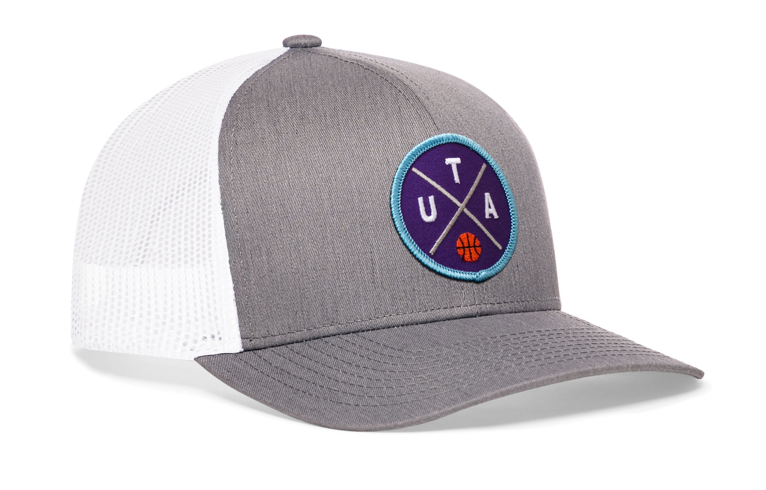 Gray trucker snapback hat with blue logo patch and white mesh back