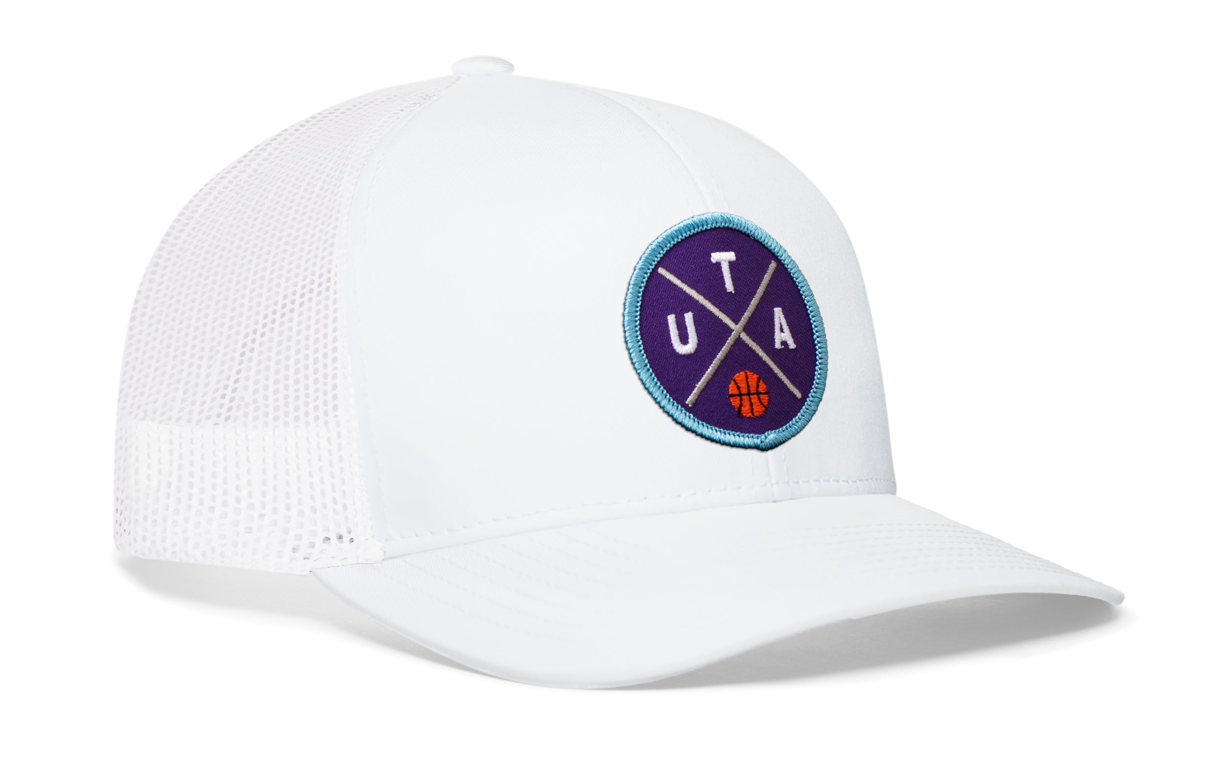 White trucker snapback hat with blue logo patch and white mesh back
