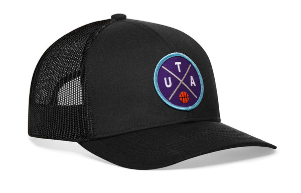 Black trucker snapback hat with blue logo patch and black mesh back, H tag