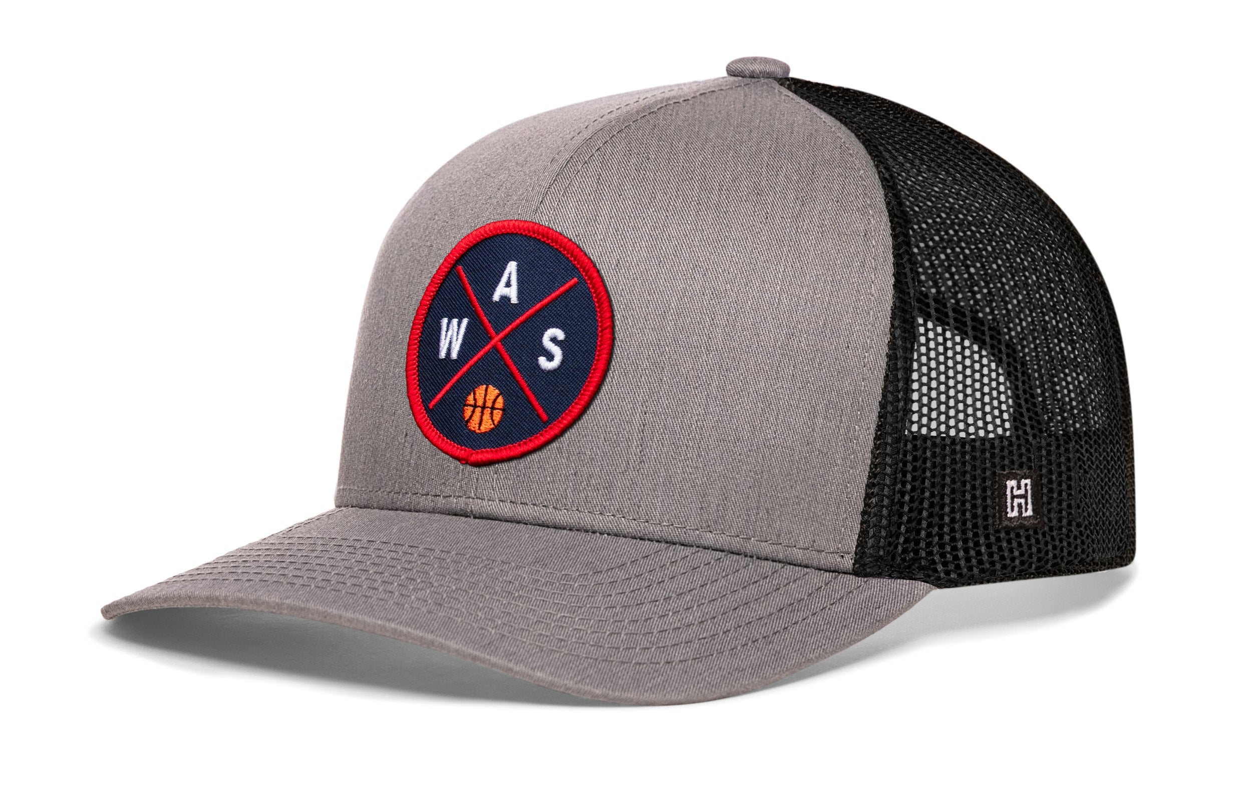 Gray and black trucker cap with round basketball logo and side mesh panels