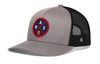 Gray and black trucker cap with round basketball logo and side mesh panels