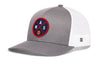 Gray and white trucker baseball cap with round basketball logo and side mesh