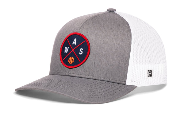 Gray and white trucker baseball cap with round basketball logo and side mesh