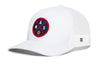 White trucker baseball cap with front round basketball logo and side mesh panels