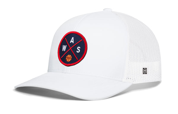 White trucker baseball cap with front round basketball logo and side mesh panels