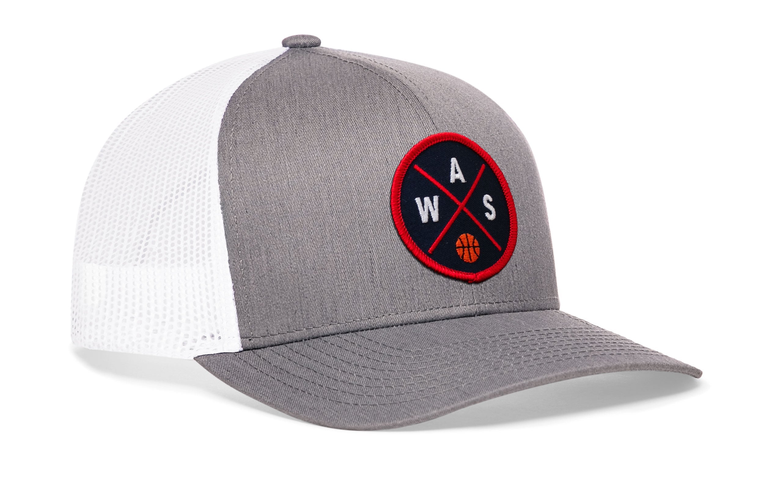 Gray trucker cap with white mesh back and front round basketball logo