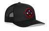 Black trucker cap with round basketball logo on front and curved brim