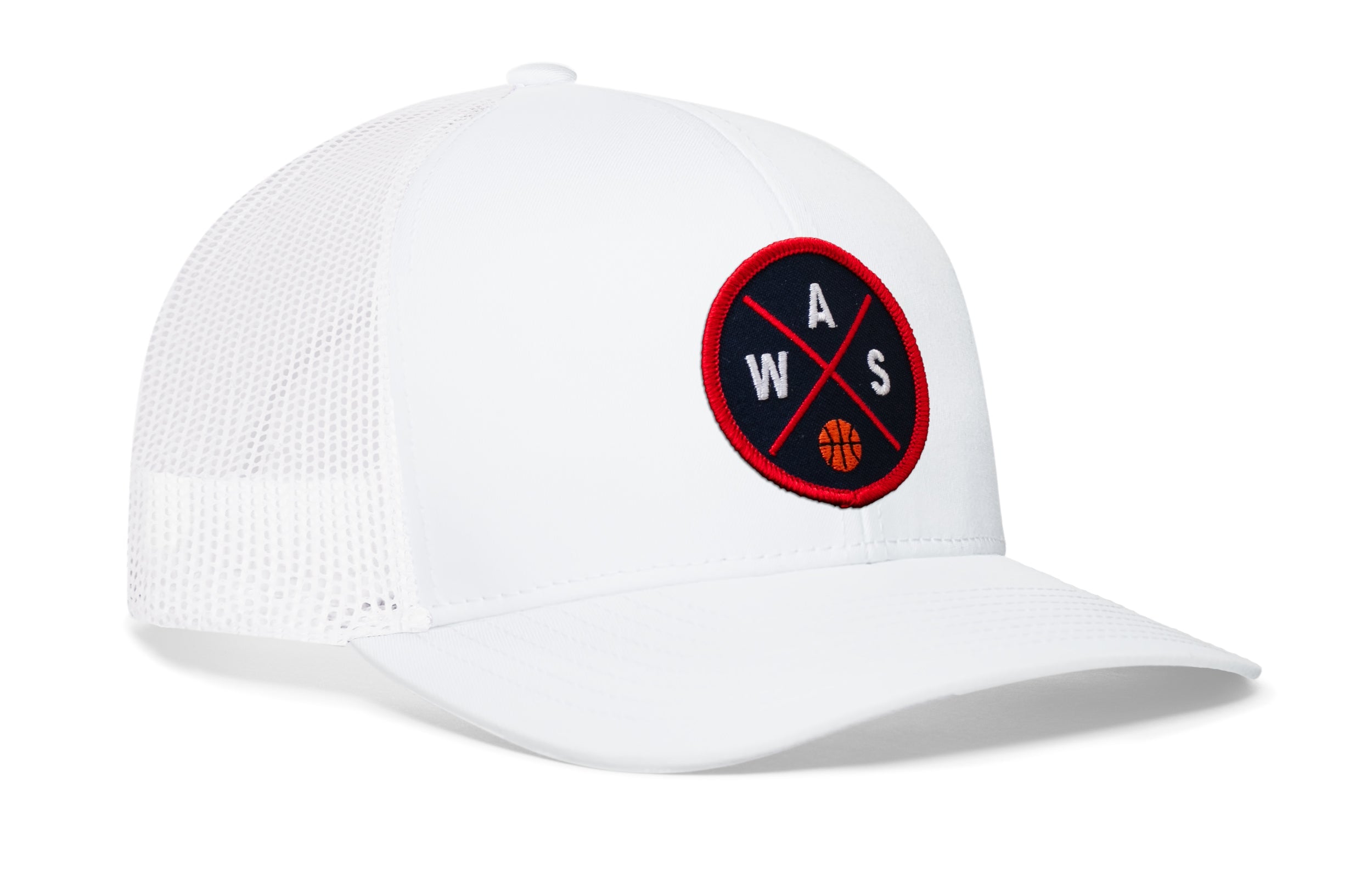 White trucker cap with round basketball logo on front and curved brim