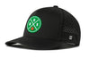 Black 5-panel basketball performance cap with circular green logo patch and perforated side