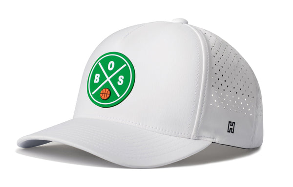 White 5-panel basketball performance cap with circular green logo patch and perforated side panels