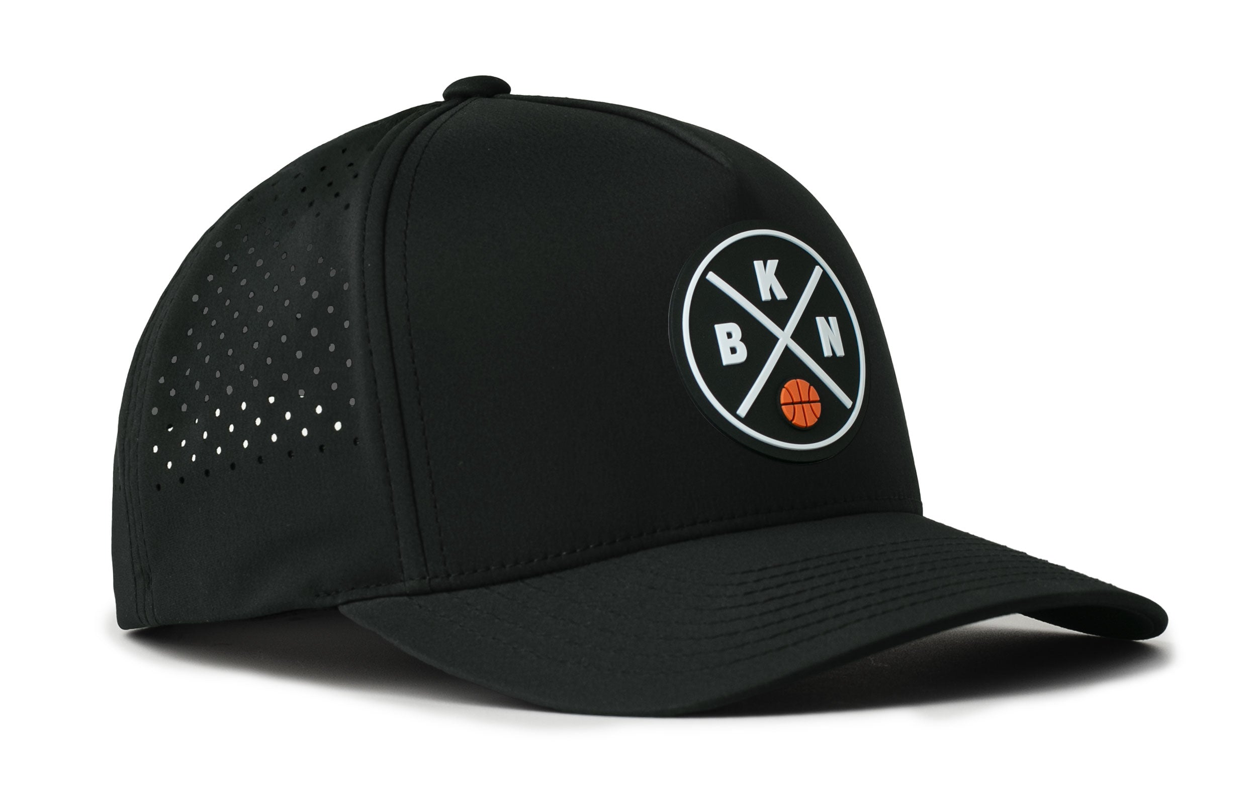 Black 5-panel basketball cap with mesh back, snapback, side perforations and front logo patch