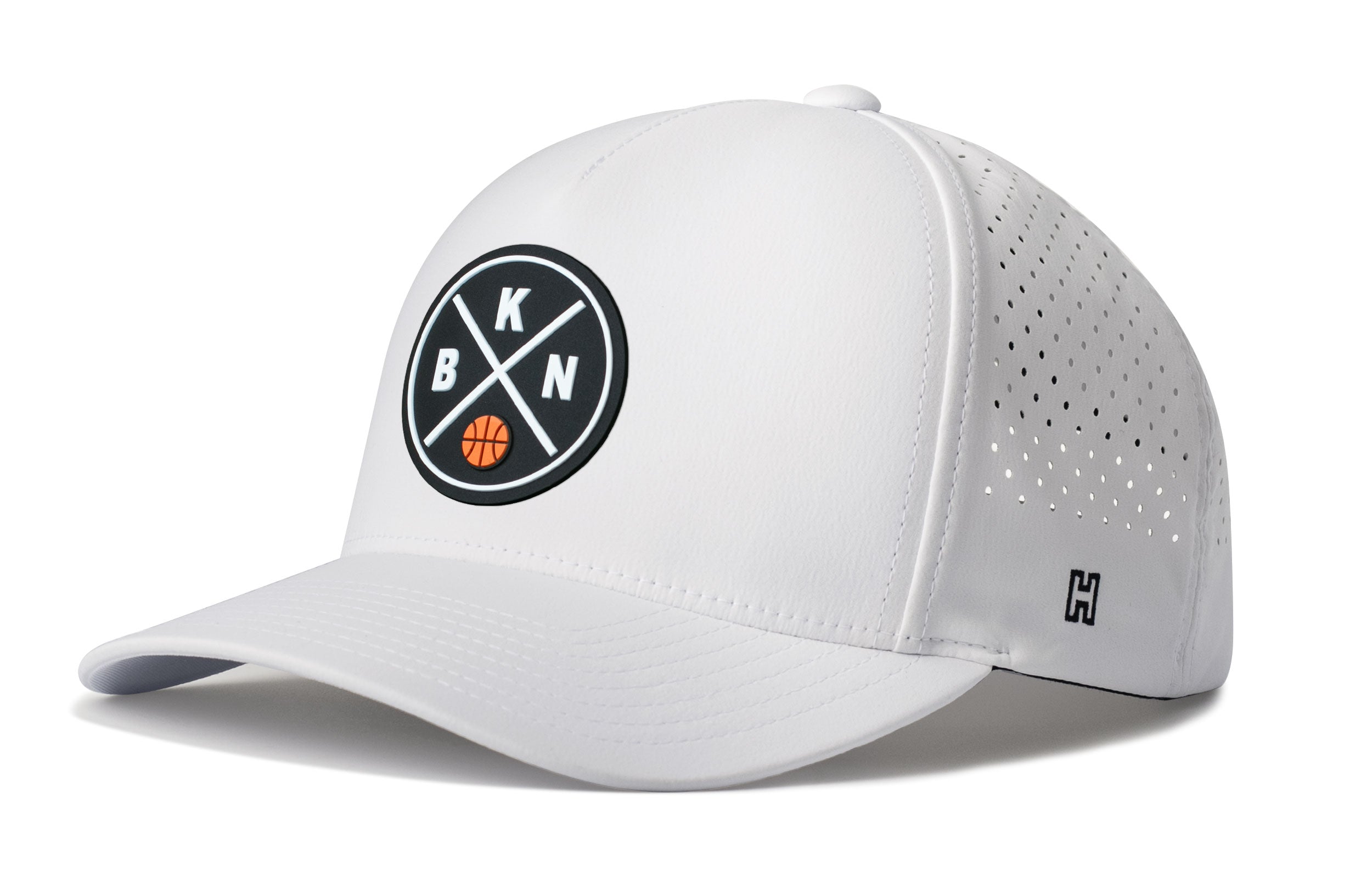 White 5-panel basketball cap with mesh back, snapback, front logo patch and perforations