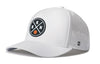 White 5-panel basketball cap with mesh back, snapback, front logo patch and perforations