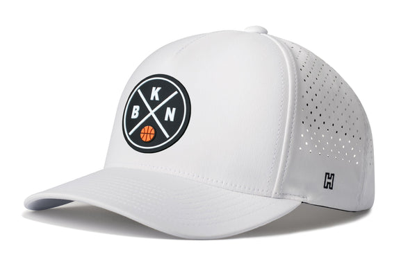 White 5-panel basketball cap with mesh back, snapback, front logo patch and perforations