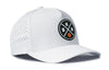 White 5-panel basketball cap with mesh back, snapback, front logo patch and perforated panel