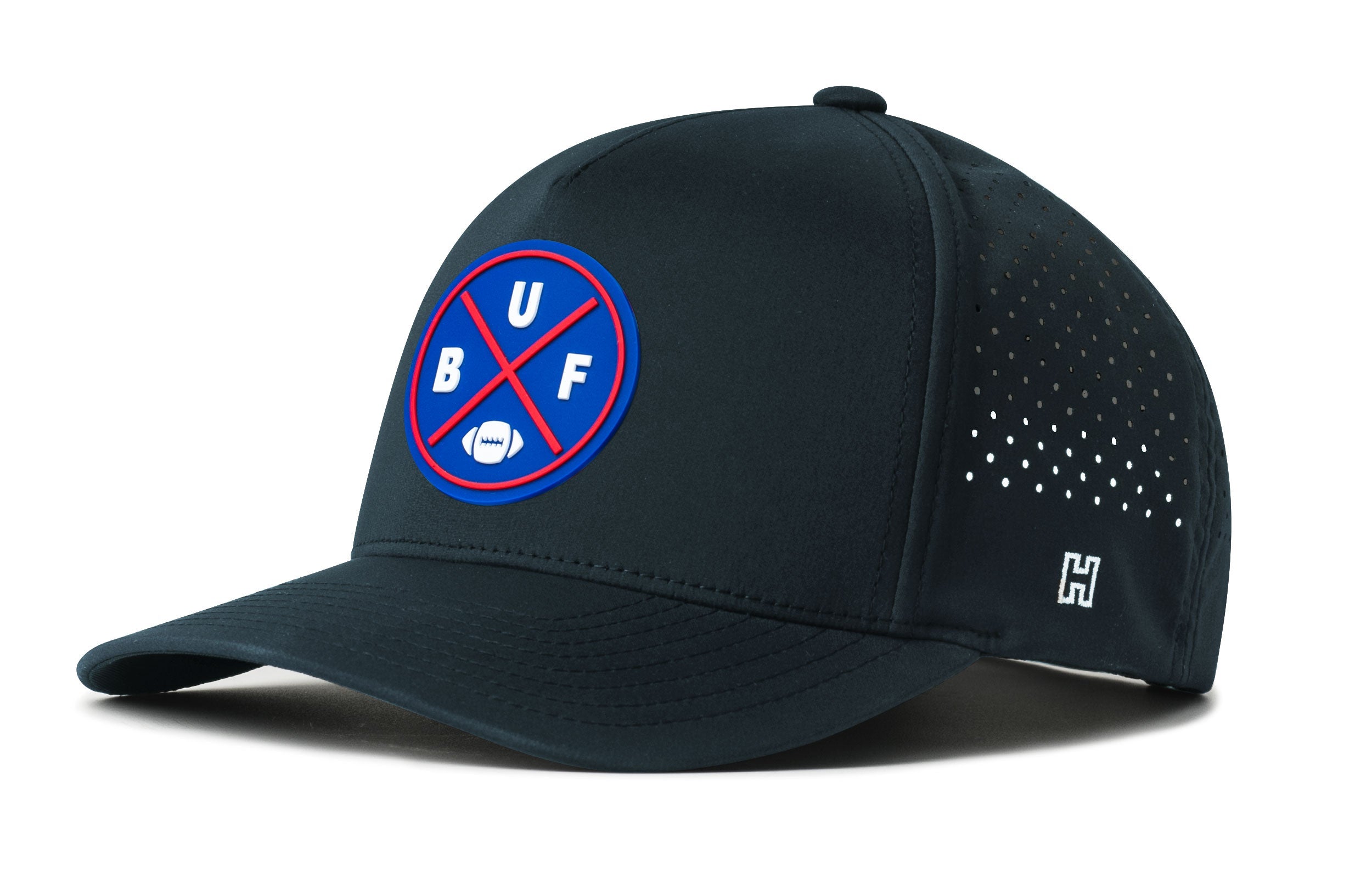 Navy 5-panel football snapback hat with BUF X Flexfit logo patch and perforated side