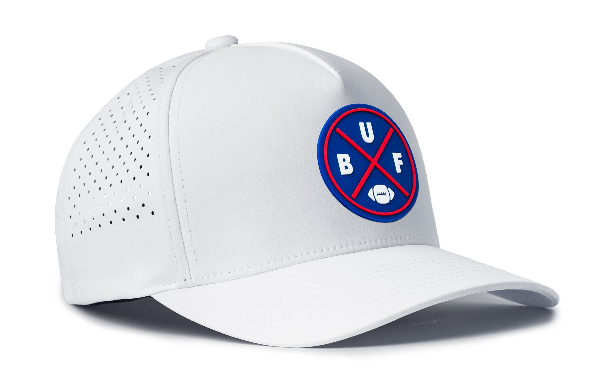 White 5-panel football snapback hat, side view with round BUF X Flexfit logo patch