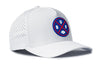 White 5-panel football snapback hat, side view with round BUF X Flexfit logo patch