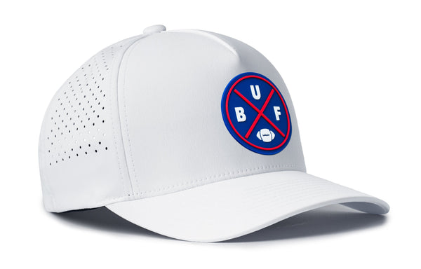 White 5-panel football snapback hat, side view with round BUF X Flexfit logo patch