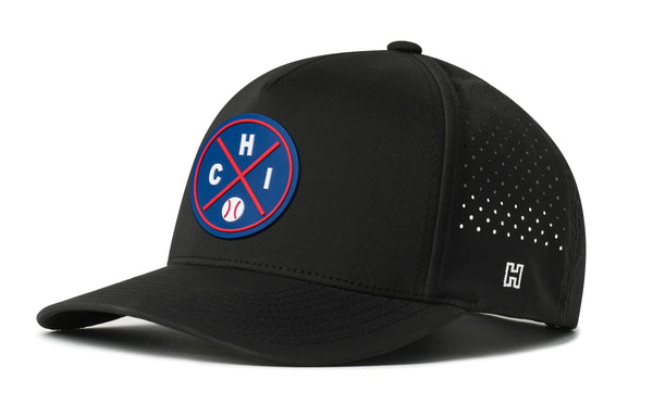 Black 5-panel performance baseball cap with snapback and Chicago badge logo