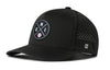 Black 5-panel baseball cap with front logo patch and perforated side panels, curved brim