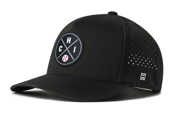 Black 5-panel baseball cap with front logo patch and perforated side panels, curved brim