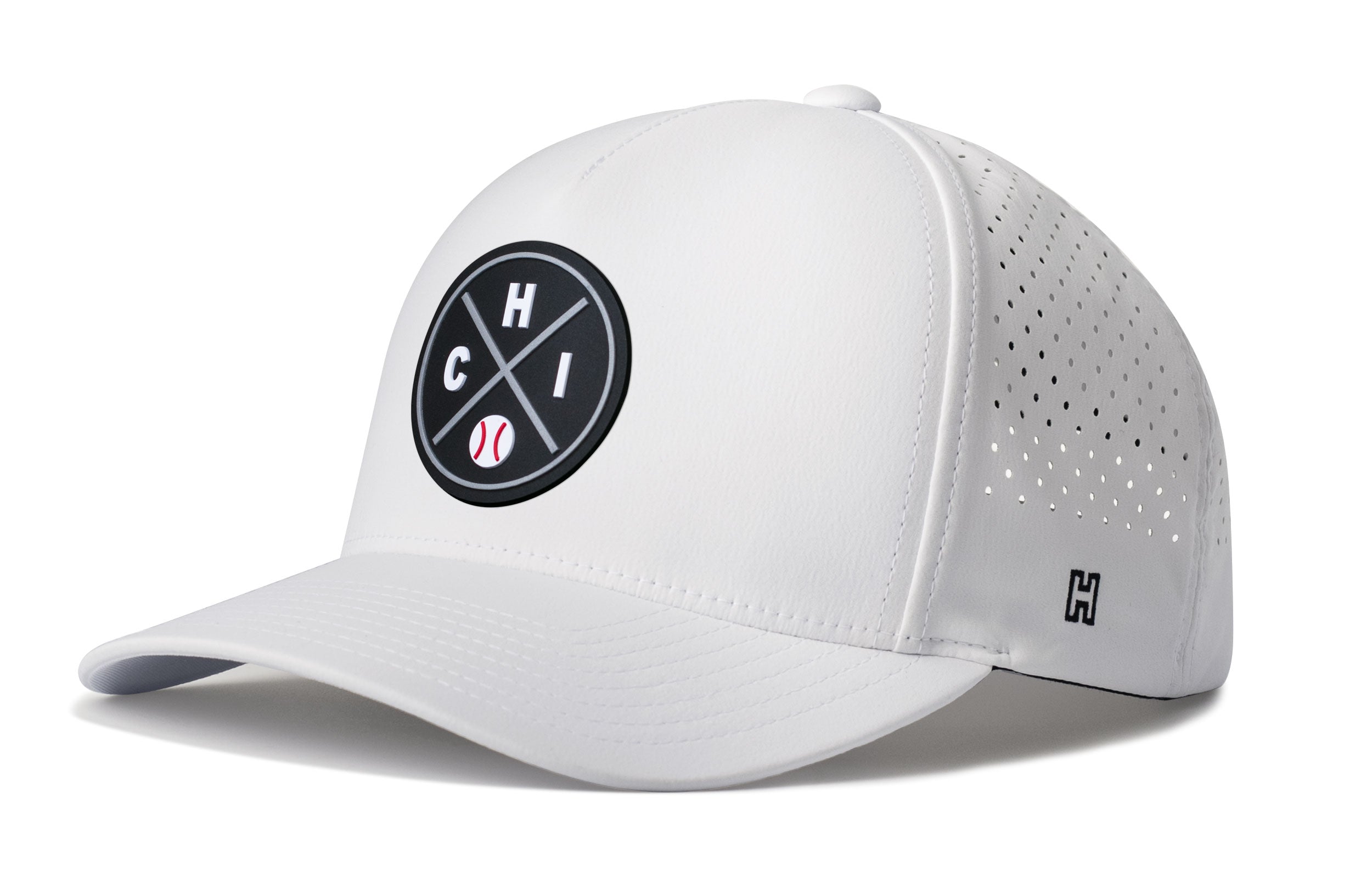 White 5-panel baseball cap with front logo patch and mesh side perforations, curved brim