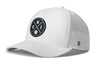 White 5-panel baseball cap with front logo patch and mesh side perforations, curved brim