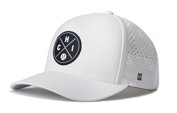 White 5-panel baseball cap with front logo patch and mesh side perforations, curved brim