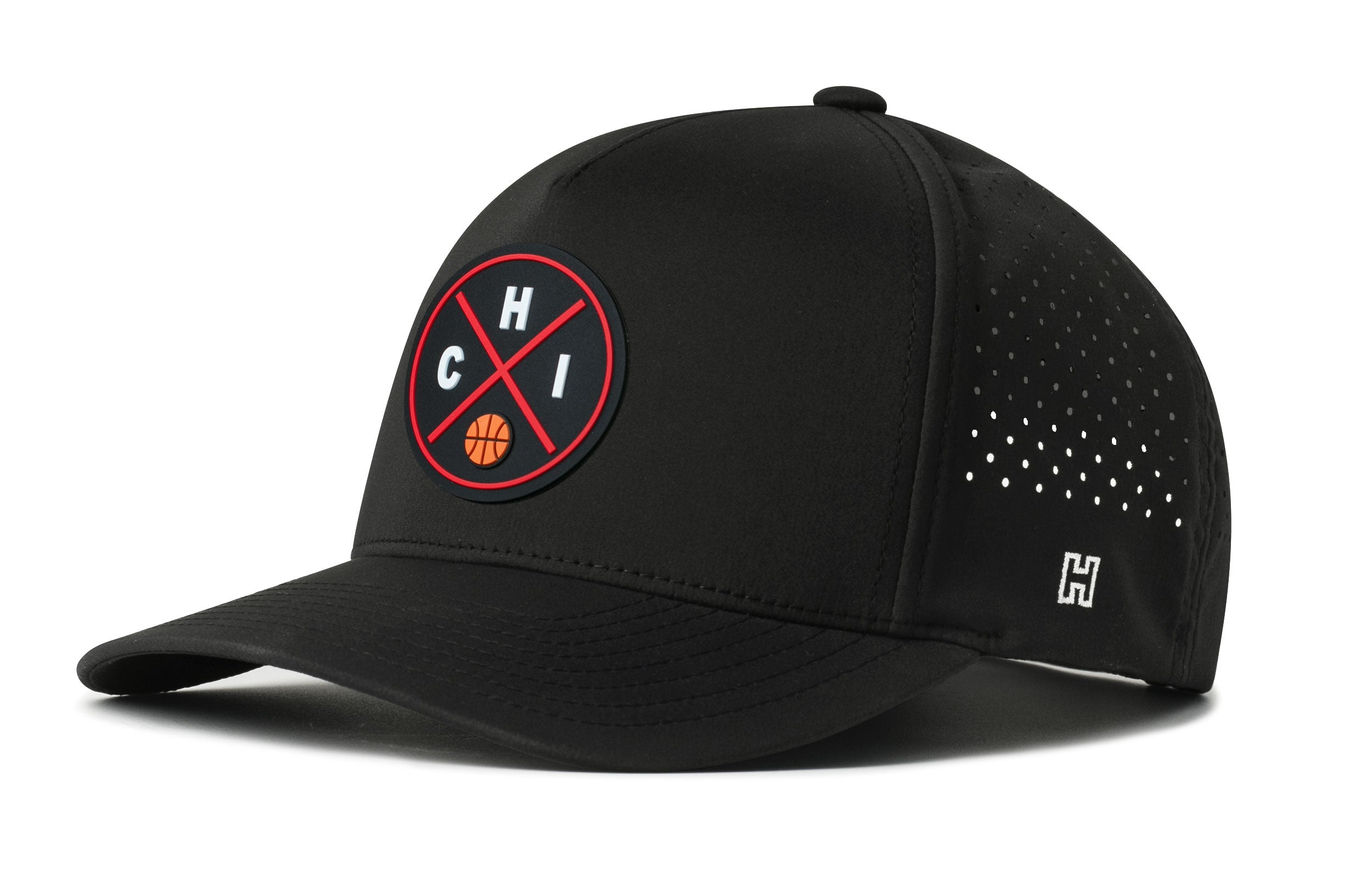 Black 5-panel performance baseball hat with perforated side panel and snapback closure