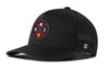 Black 5-panel performance baseball hat with perforated side panel and snapback closure
