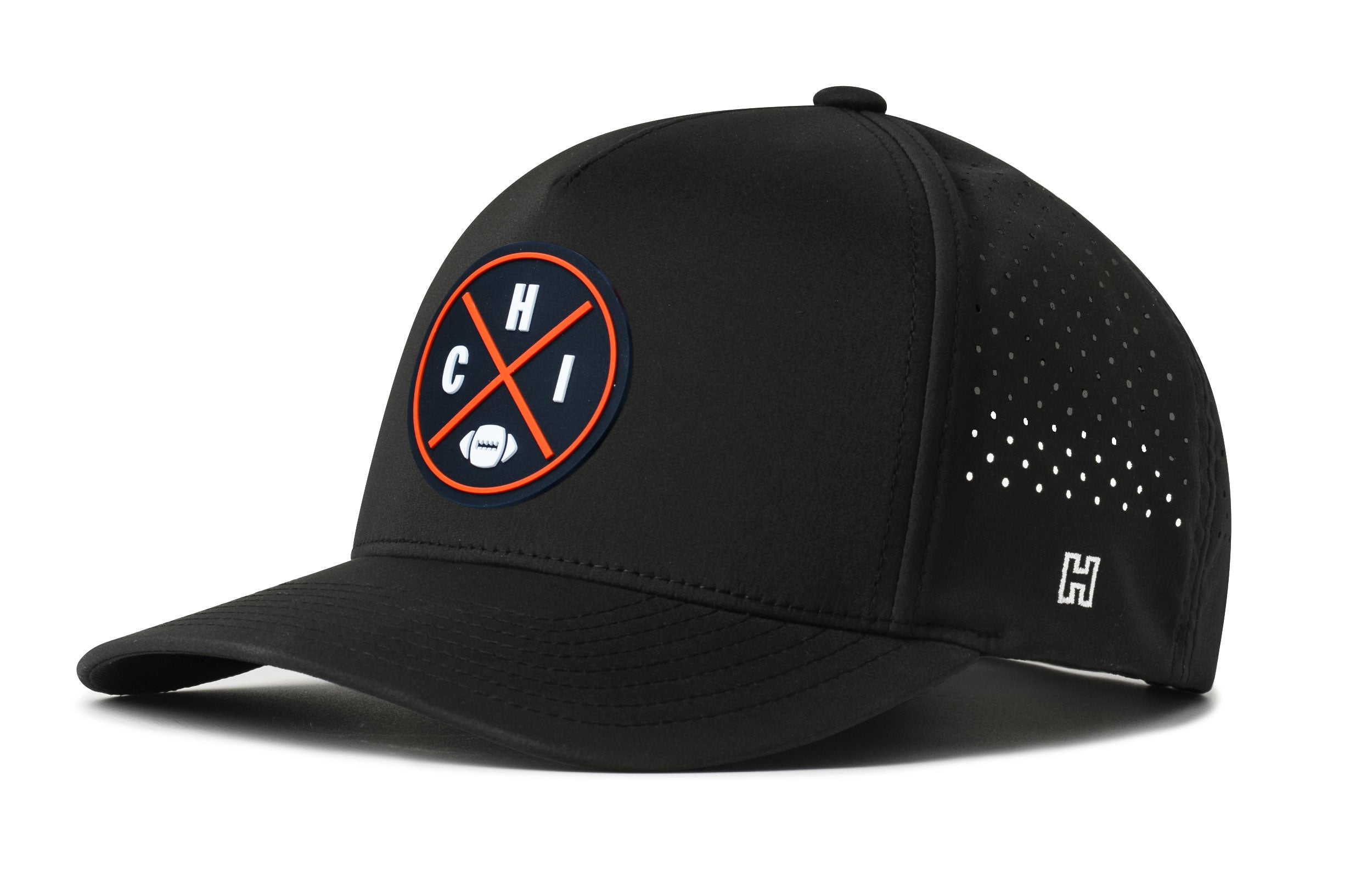 Black 5-panel snapback hat with perforated side and CHI emblem patch