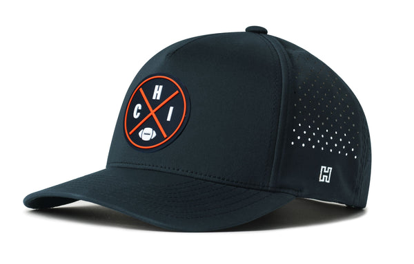Navy 5-panel snapback hat with perforated side and CHI emblem patch