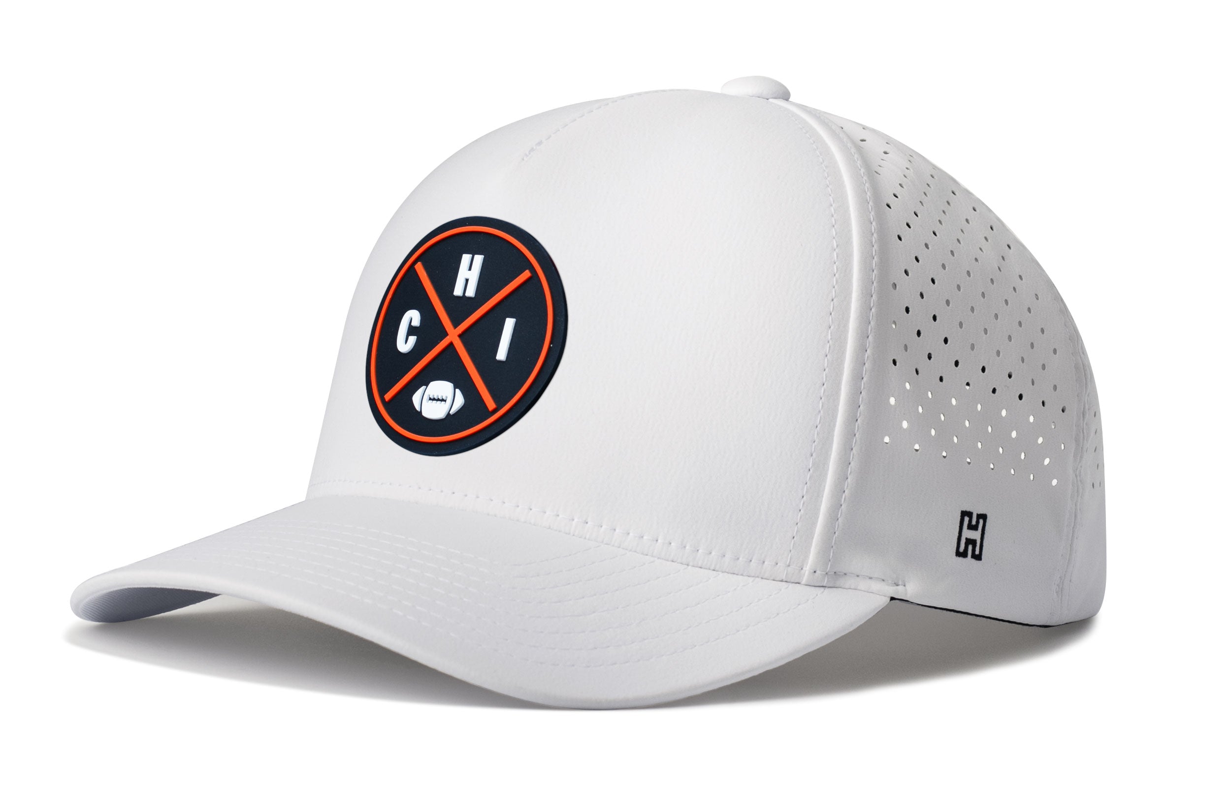 White 5-panel snapback hat with perforated side and CHI emblem patch